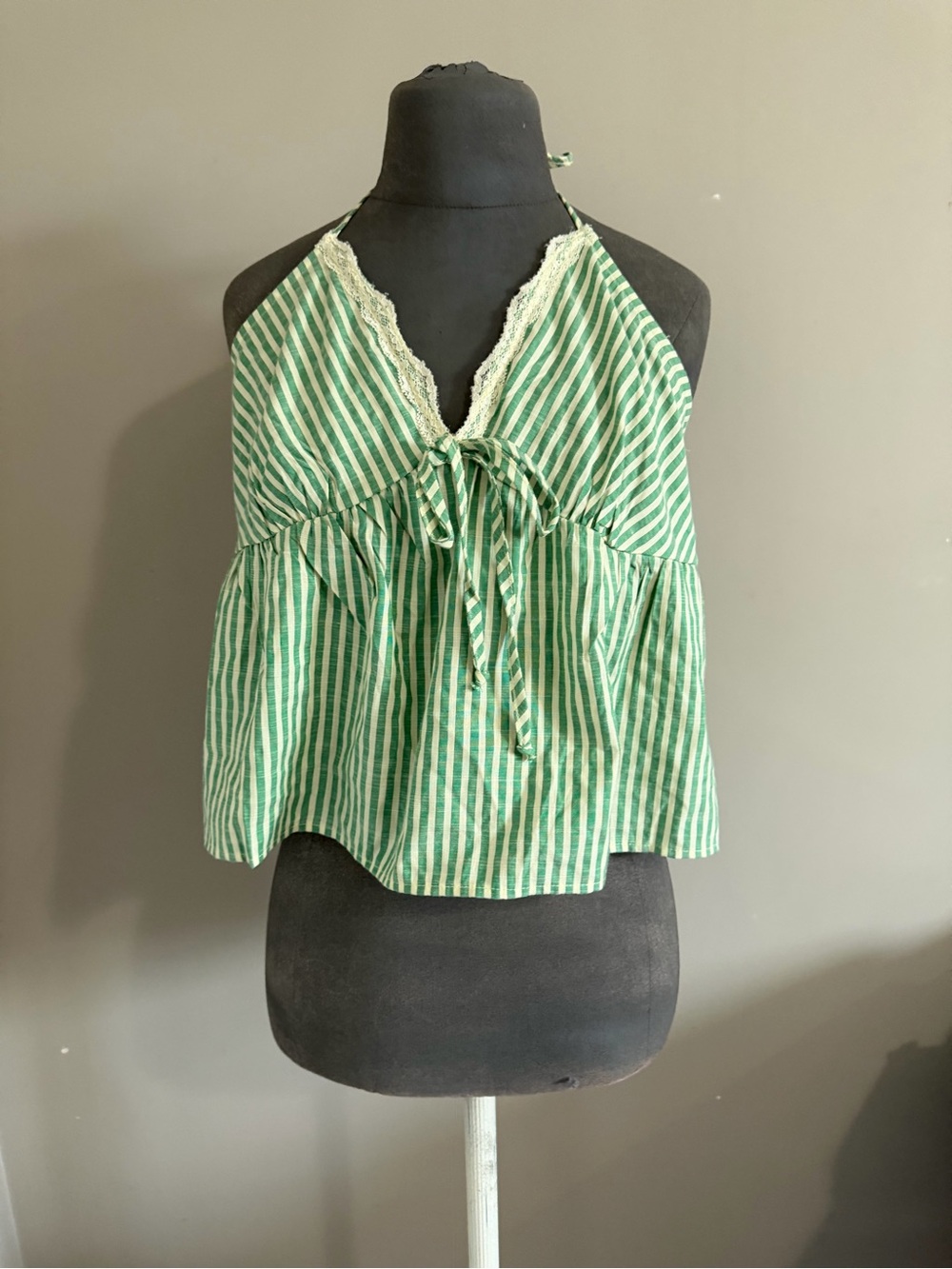 Green and white striped babydoll halter festival top size large